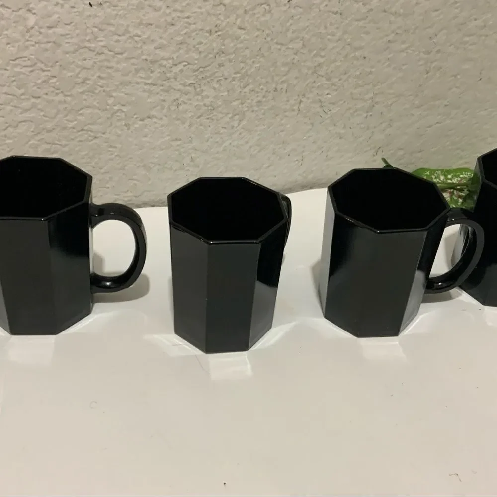 Set 4 ARCOROC Glass BLACK OCTIME Octagon 10oz Coffee MUG Tea CUP France G1